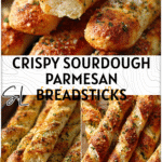 Golden sourdough Parmesan breadsticks sprinkled with garlic and herbs on a baking tray